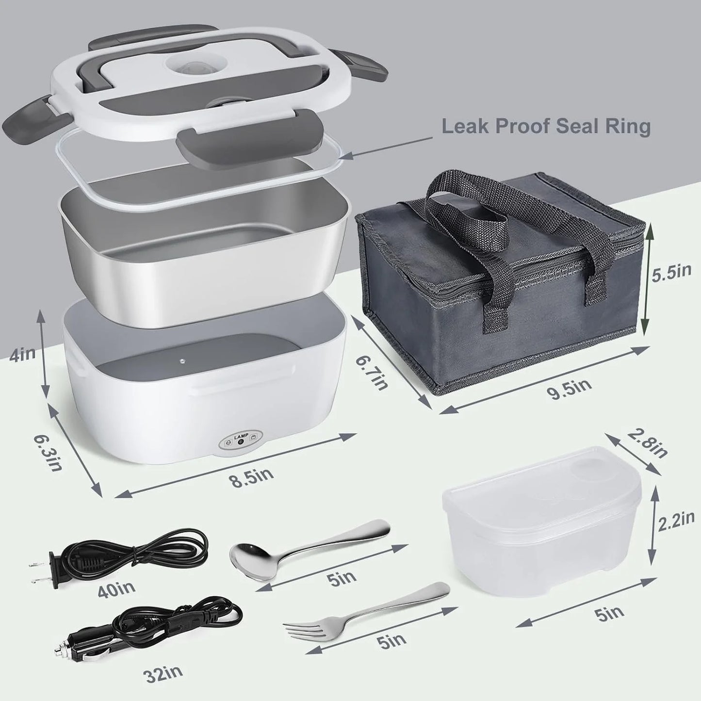Electric Lunch Box Food Heater, 60-80W Electric Heating Lunch Boxes Lunch for Car/Men/Adults/Home/Work, 1.5L Removable 304 Stainless Steel Container, 110V/12V/24V, with Fork & Spoon
