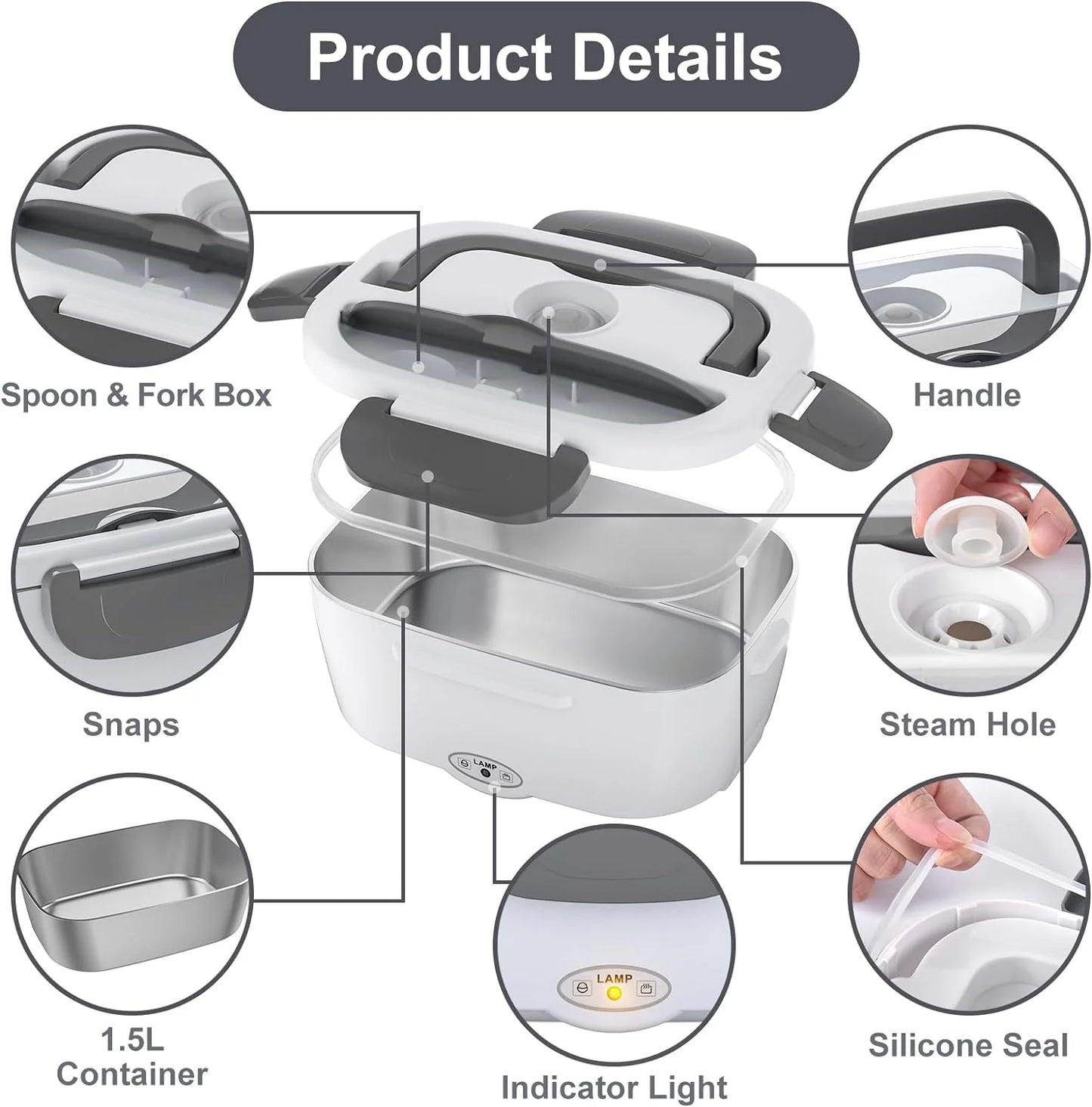 Electric Lunch Box Food Heater, 60-80W Electric Heating Lunch Boxes Lunch for Car/Men/Adults/Home/Work, 1.5L Removable 304 Stainless Steel Container, 110V/12V/24V, with Fork & Spoon