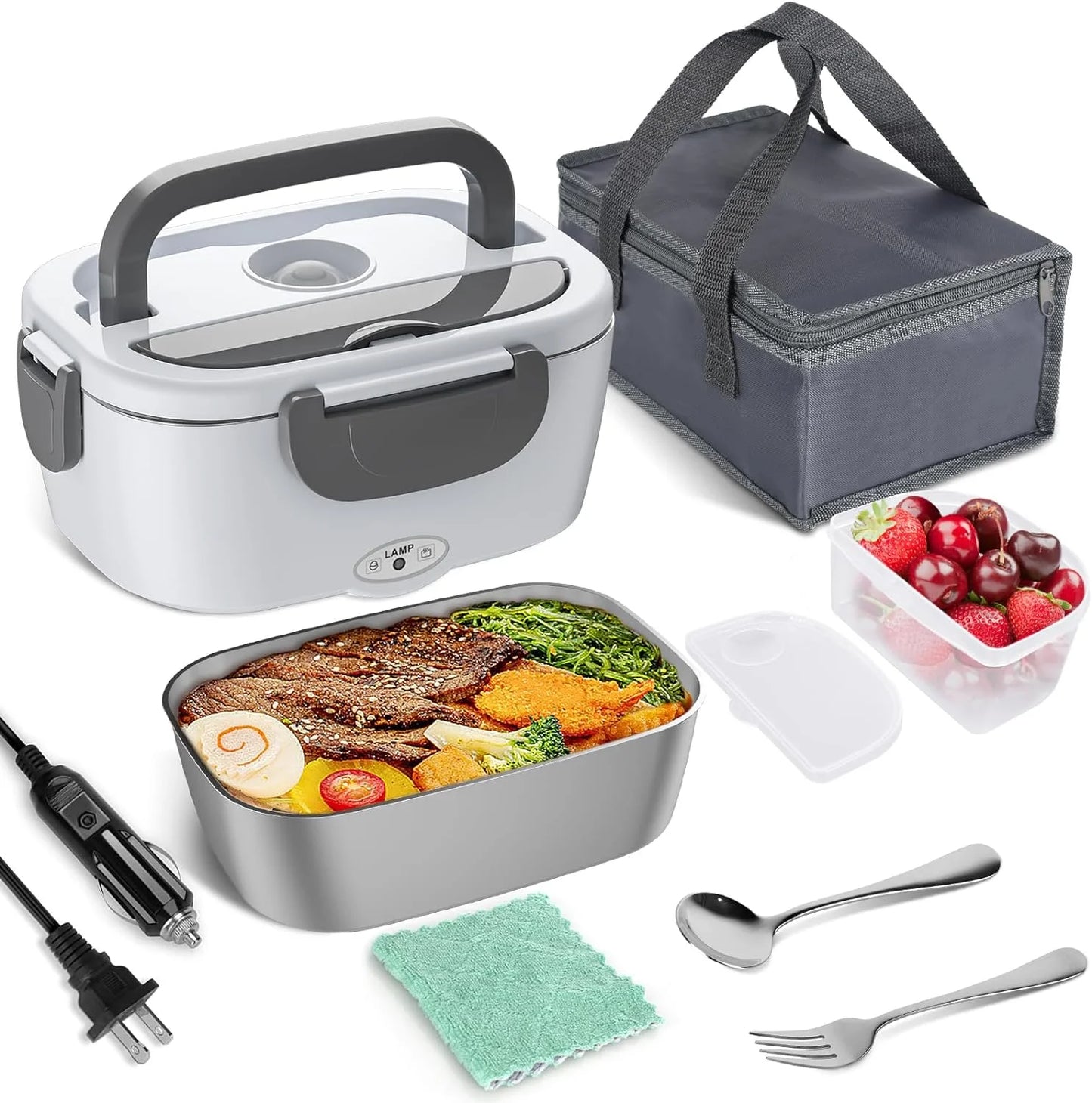 Electric Lunch Box Food Heater, 60-80W Electric Heating Lunch Boxes Lunch for Car/Men/Adults/Home/Work, 1.5L Removable 304 Stainless Steel Container, 110V/12V/24V, with Fork & Spoon