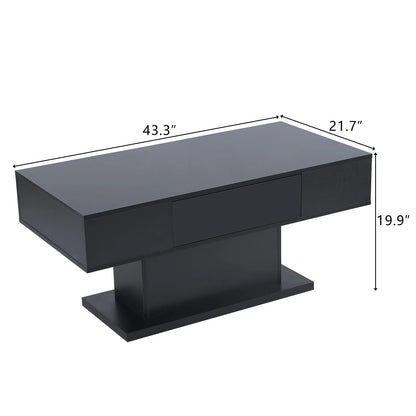 LED Coffee Table with Storage Shelf and 2 Drawers, High Gloss Cocktail Table Accent Furniture for Living Room 43.3" Black