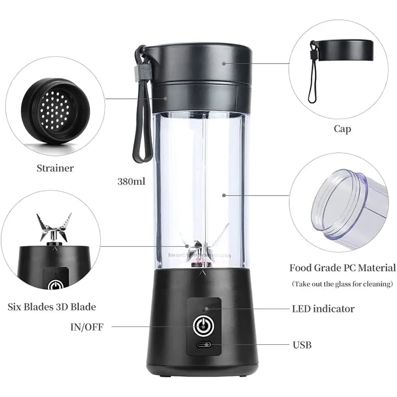 Portable Blender Cup,Electric USB Juicer Blender,Mini Blender Portable Blender for Shakes and Smoothies, Juice,380Ml, Six Blades Great for Mixing,