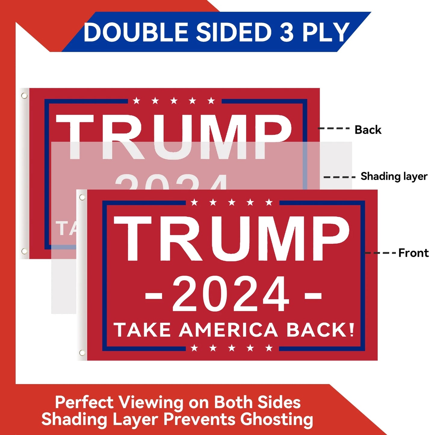 Trump 2024 Flag 3X5 Outdoor Double Sided 1/3 Ply-Donald Trump, Red Flags & Banner