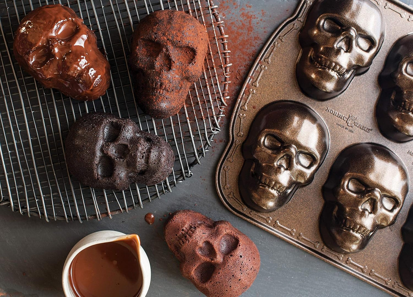 Halloween Bakeware, Haunted Skull Cakelet Pan, Bronze