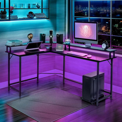 L-Shaped Gaming Desk with USB Wireless Charging, 55" Computer Desk with Monitor Stand, Corner Writing Desk with LED Light, Black