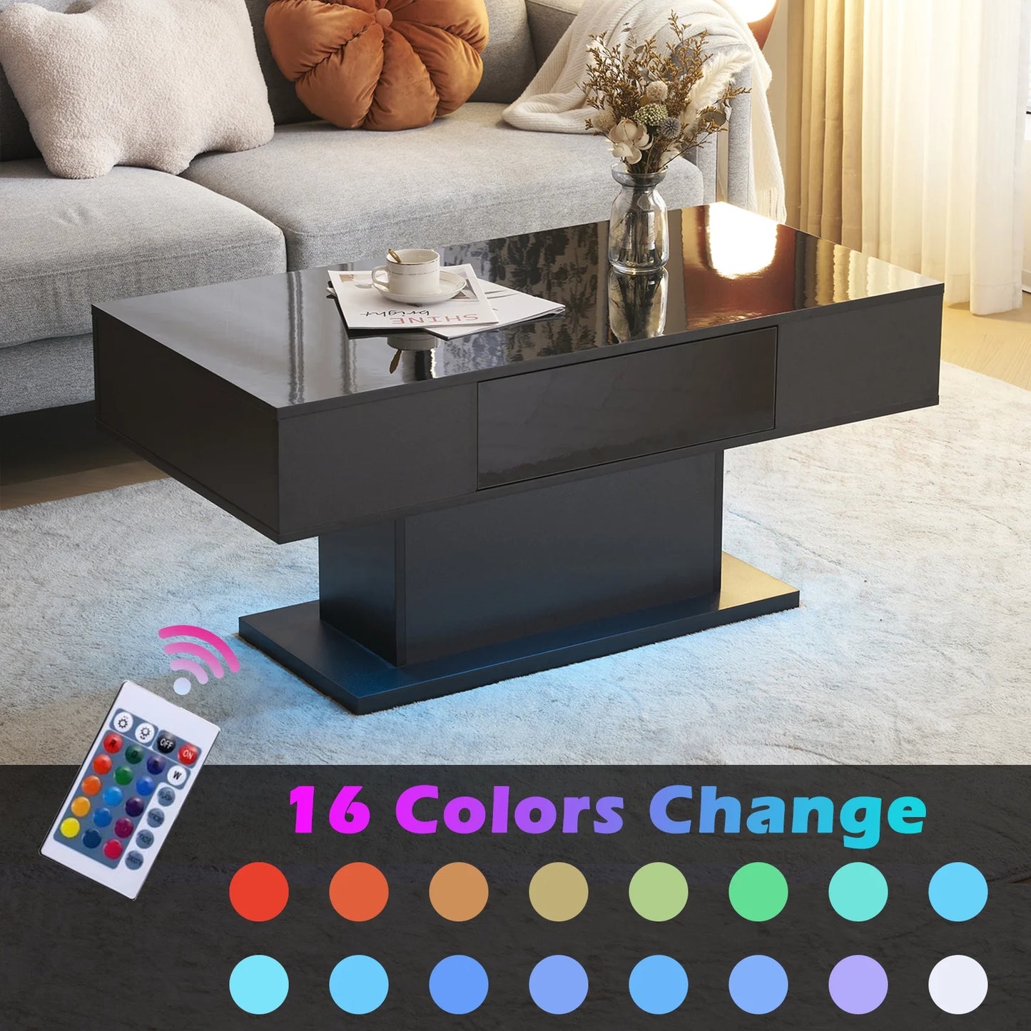 LED Coffee Table with Storage Shelf and 2 Drawers, High Gloss Cocktail Table Accent Furniture for Living Room 43.3" Black