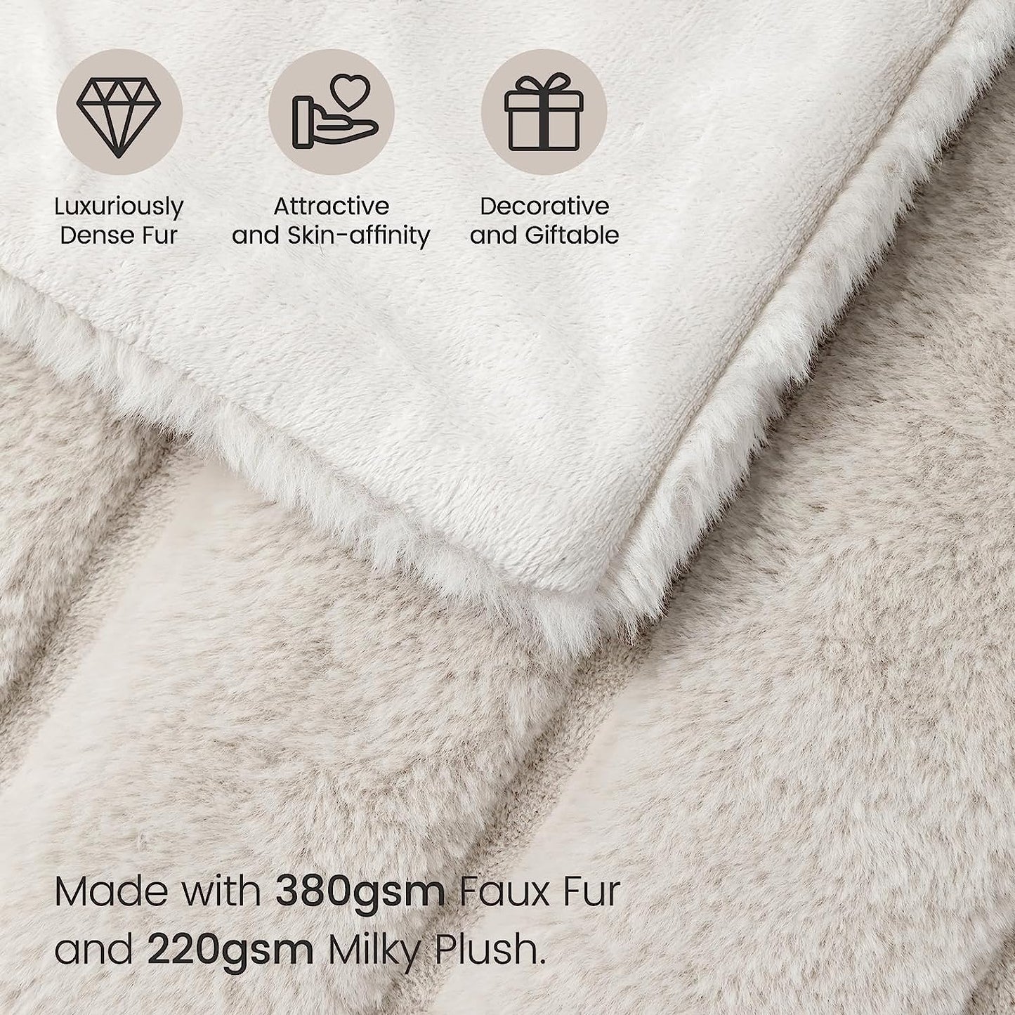 Luxury Super Soft Striped Faux Fur Throw Blanket for Couch, 50"X60" Beige, Warm Milky Plush Blanket for Sofa Bed Living Room Bedroom (Stripe-Beige)