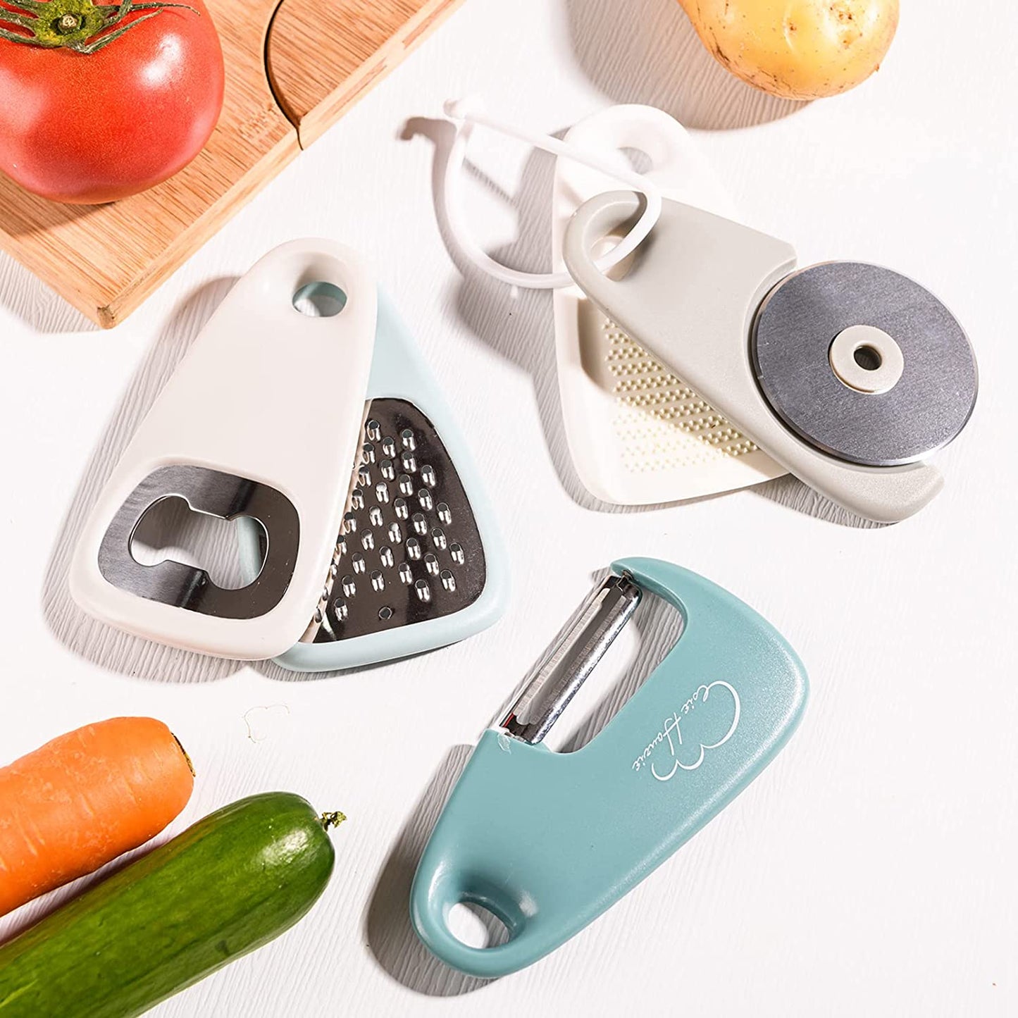 Kitchen Gadgets Set 5 Pieces, Space Saving Cooking Tools Cheese Grater, Bottle Opener, Fruit/Vegetable Peeler, Pizza Cutter, Garlic/Ginger Grinder, Stainless Steel Accessories Dishwasher Safe(Blue)…