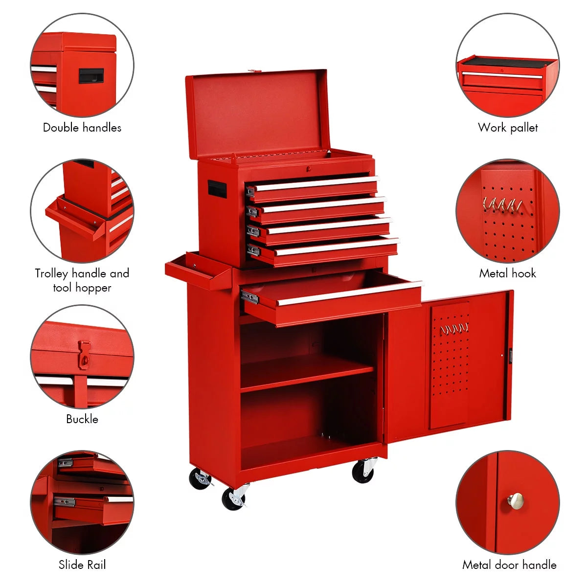 2 in 1 Tool Chest & Cabinet with 5 Sliding Drawers Rolling Garage Organizer Red