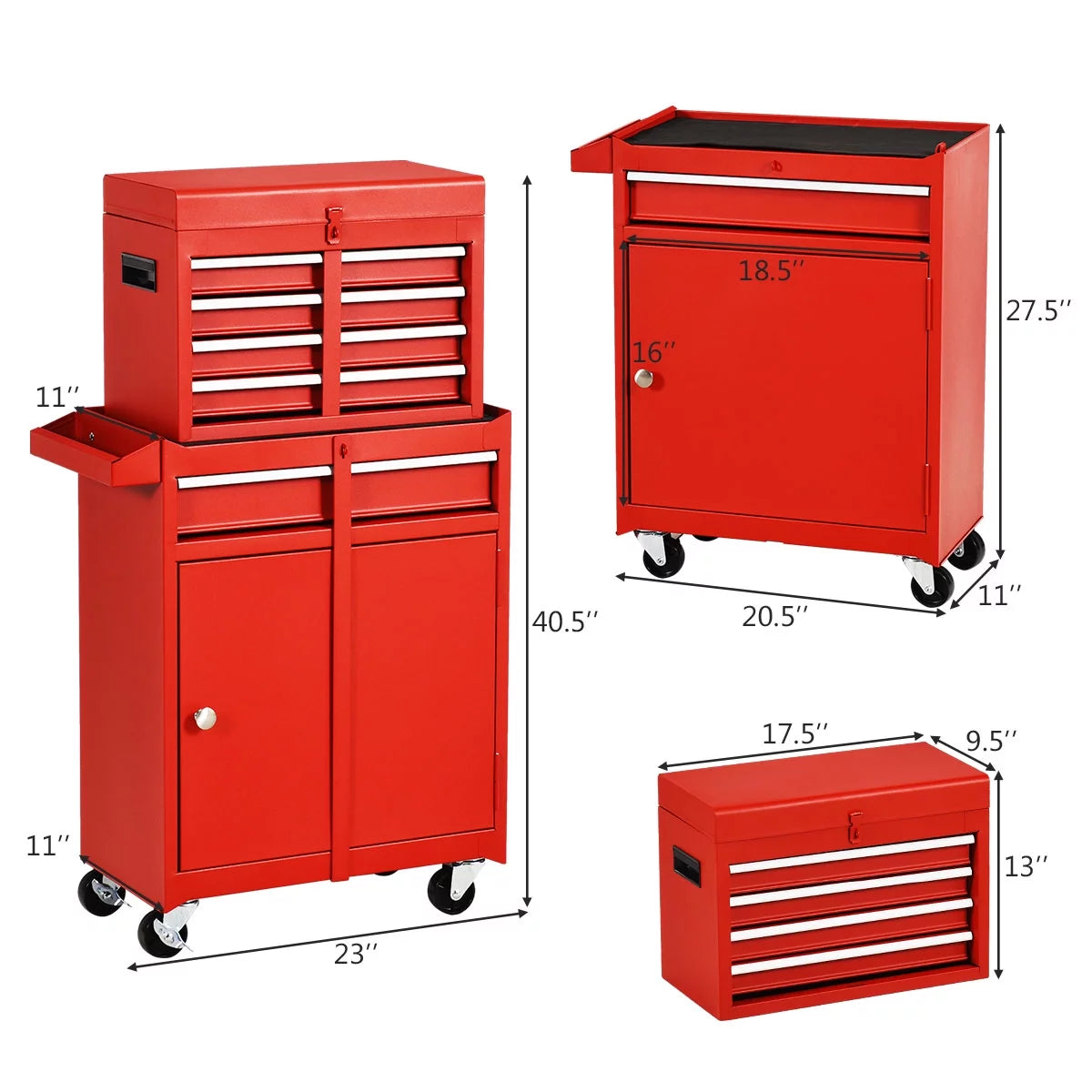 2 in 1 Tool Chest & Cabinet with 5 Sliding Drawers Rolling Garage Organizer Red