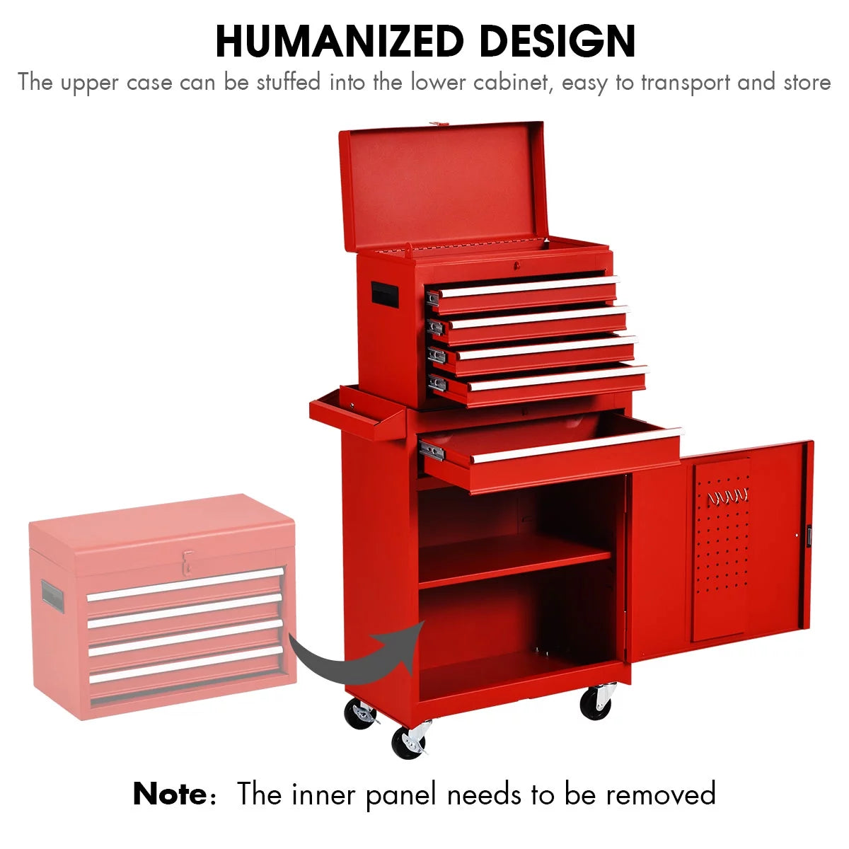 2 in 1 Tool Chest & Cabinet with 5 Sliding Drawers Rolling Garage Organizer Red