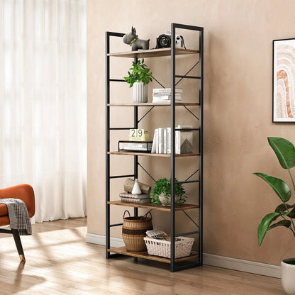 Ladder Bookshelf, 5 Tier Shelf Storage Organizer, Modern Book Shelf with Metal Frame for Bedroom, Living Room and Home Office, Black