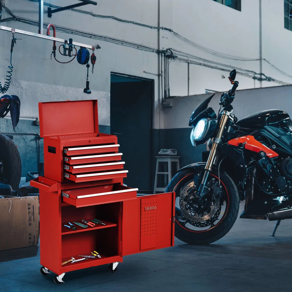 2 in 1 Tool Chest & Cabinet with 5 Sliding Drawers Rolling Garage Organizer Red