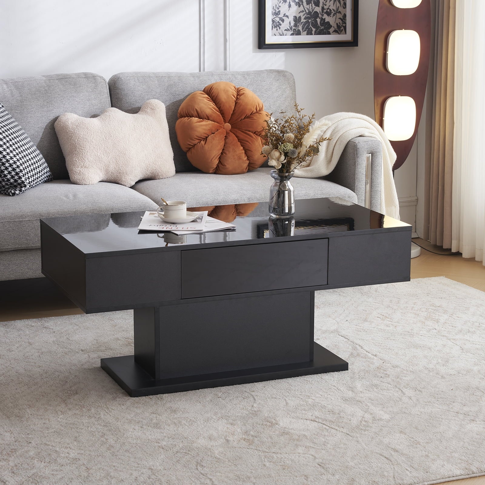 LED Coffee Table with Storage Shelf and 2 Drawers, High Gloss Cocktail Table Accent Furniture for Living Room 43.3" Black