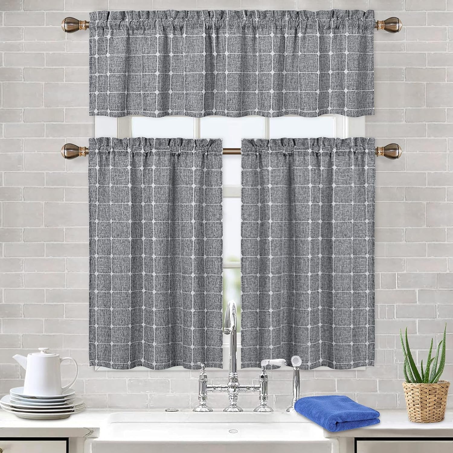 Farmhouse Kitchen Curtains 36 Inch Length Short Boho Linen Small Window Curtains for Cafe Bathroom Basement (Dark Grey, 2 Panels)