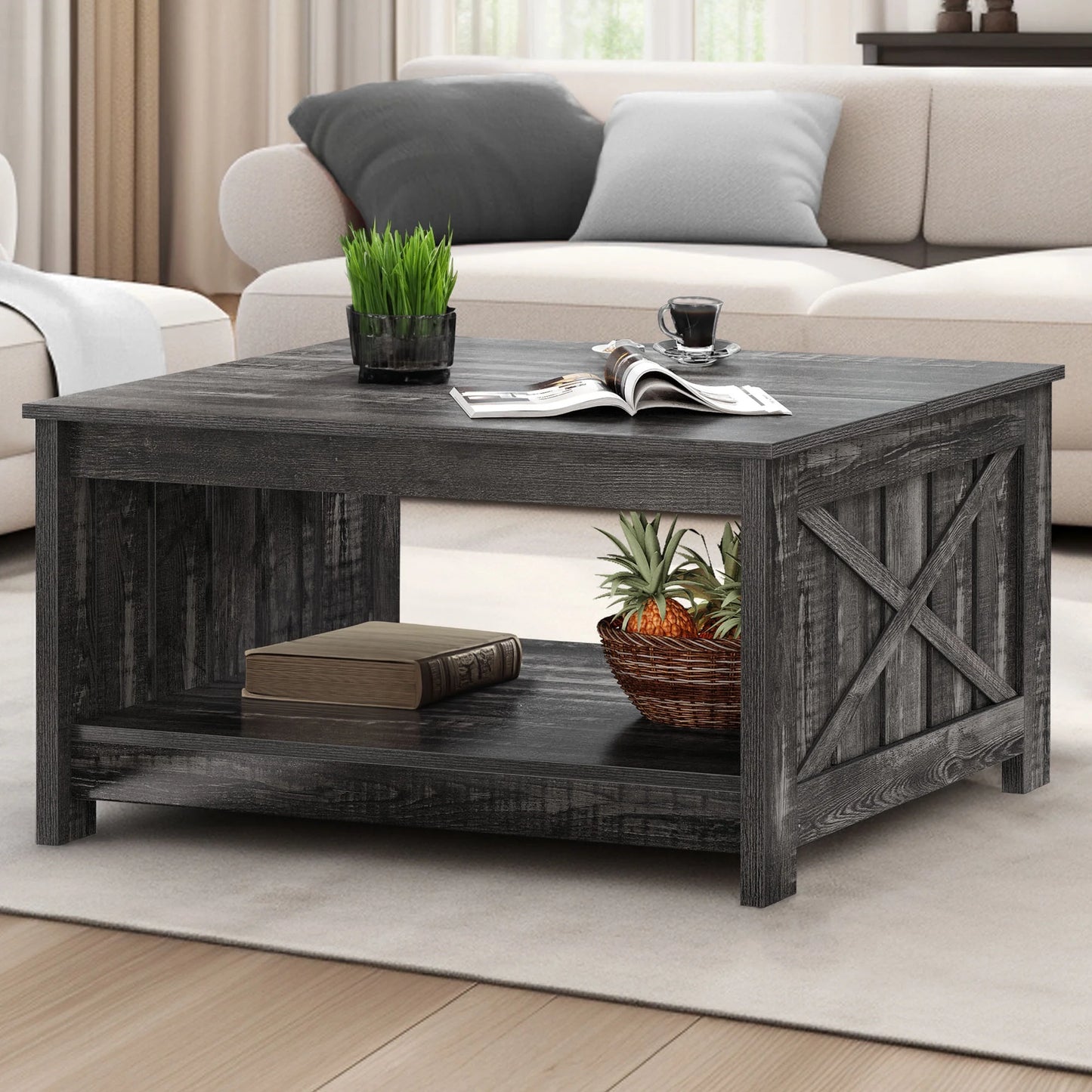 Coffee Table, Square Coffee Table, Farmhouse Coffee Table with Half Open Storage Compartment for Living Room, Rustic Gray, Brown&White