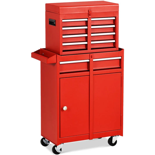 2 in 1 Tool Chest & Cabinet with 5 Sliding Drawers Rolling Garage Organizer Red