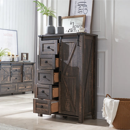 Modern Farmhouse 5-Drawer Dresser with Barn Door, Adjustable Storage Cabinet for Bedroom Living Room, Light Rustic Oak