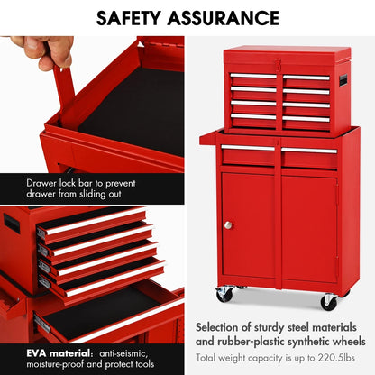 2 in 1 Tool Chest & Cabinet with 5 Sliding Drawers Rolling Garage Organizer Red