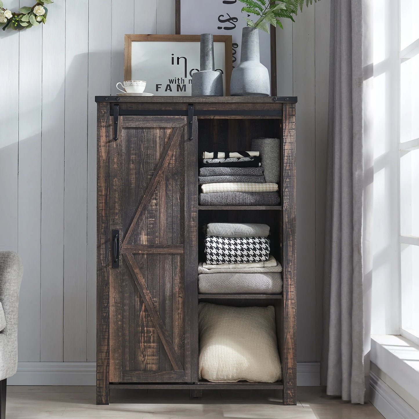 Modern Farmhouse 5-Drawer Dresser with Barn Door, Adjustable Storage Cabinet for Bedroom Living Room, Light Rustic Oak