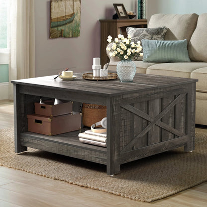 Coffee Table, Square Coffee Table, Farmhouse Coffee Table with Half Open Storage Compartment for Living Room, Rustic Gray, Brown&White