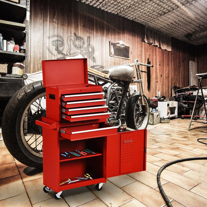 2 in 1 Tool Chest & Cabinet with 5 Sliding Drawers Rolling Garage Organizer Red